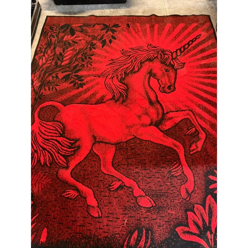 Vintage San Marcos Unicorn Blanket Cobija Red/Black Reversible Aprrox 72